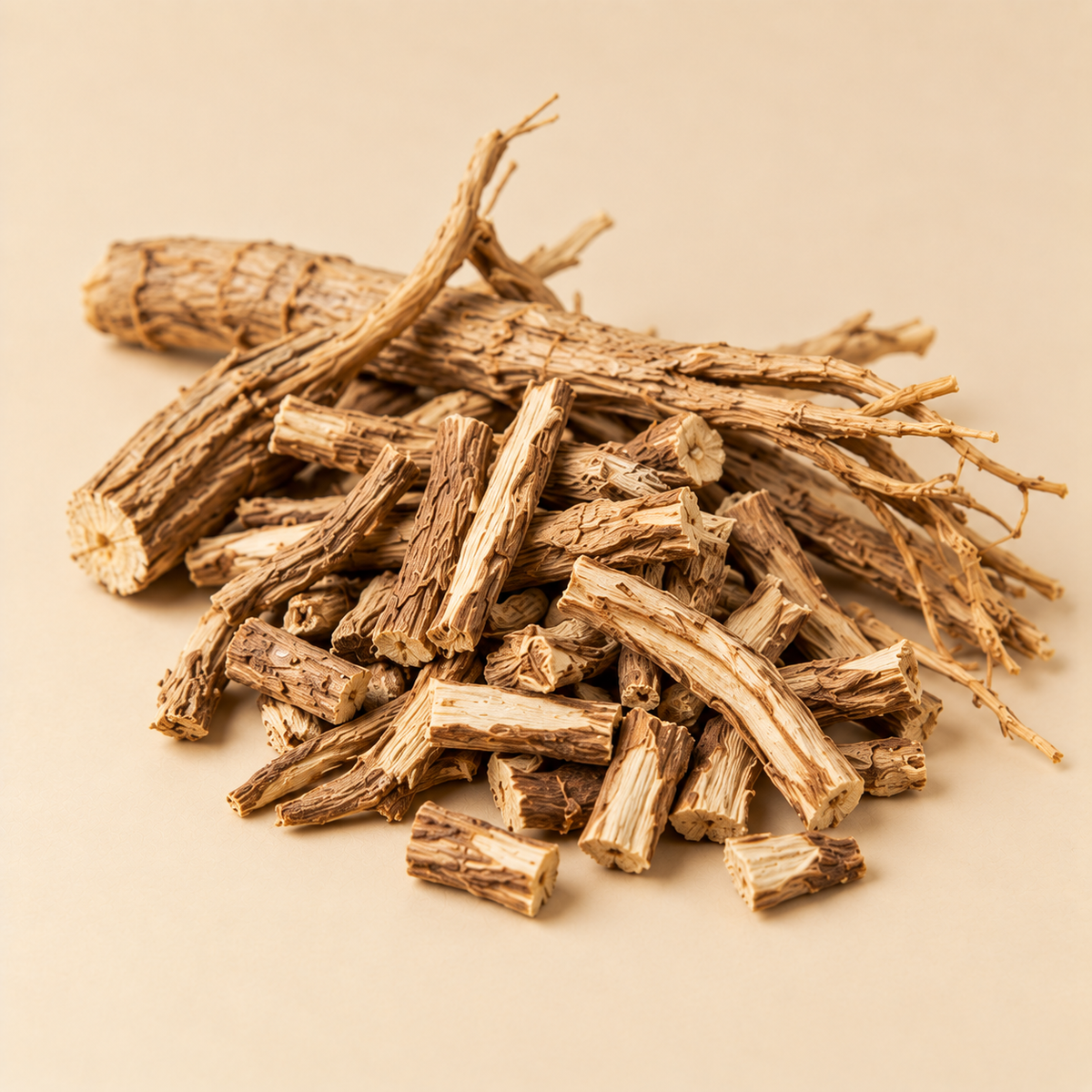 Siberian Ginseng showing whole and cut Eleutherococcus senticosus root used in Lung Detox Tea