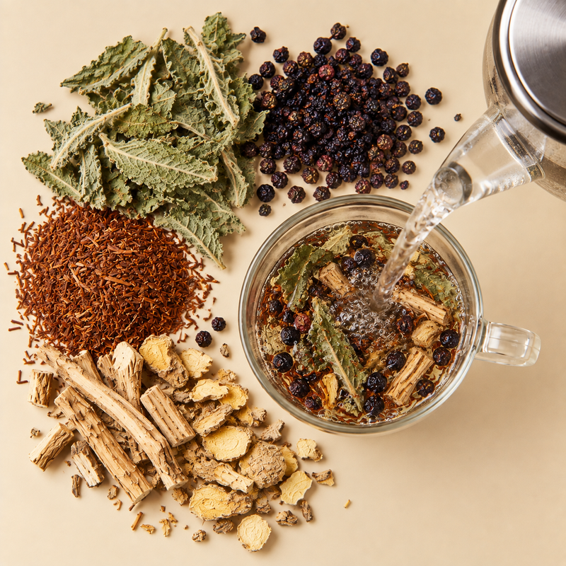 Freshly boiled water poured over Lung Detox Tea with mullein leaves, elderberries, rooibos, ginger and Siberian ginseng