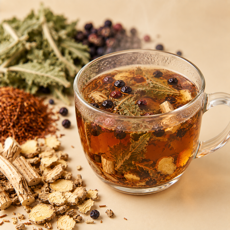 Lung Detox Tea steeping with mullein leaves, elderberries, rooibos, ginger and Siberian ginseng in a glass cup