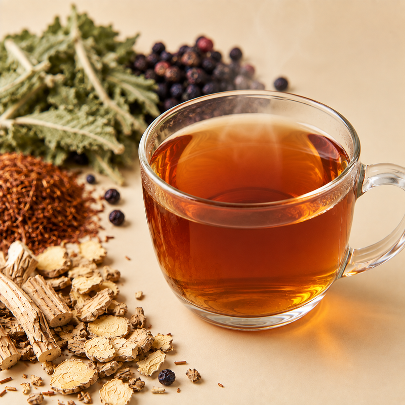 Filtered Lung Detox Tea served as a clear warm amber herbal infusion beside its loose botanicals