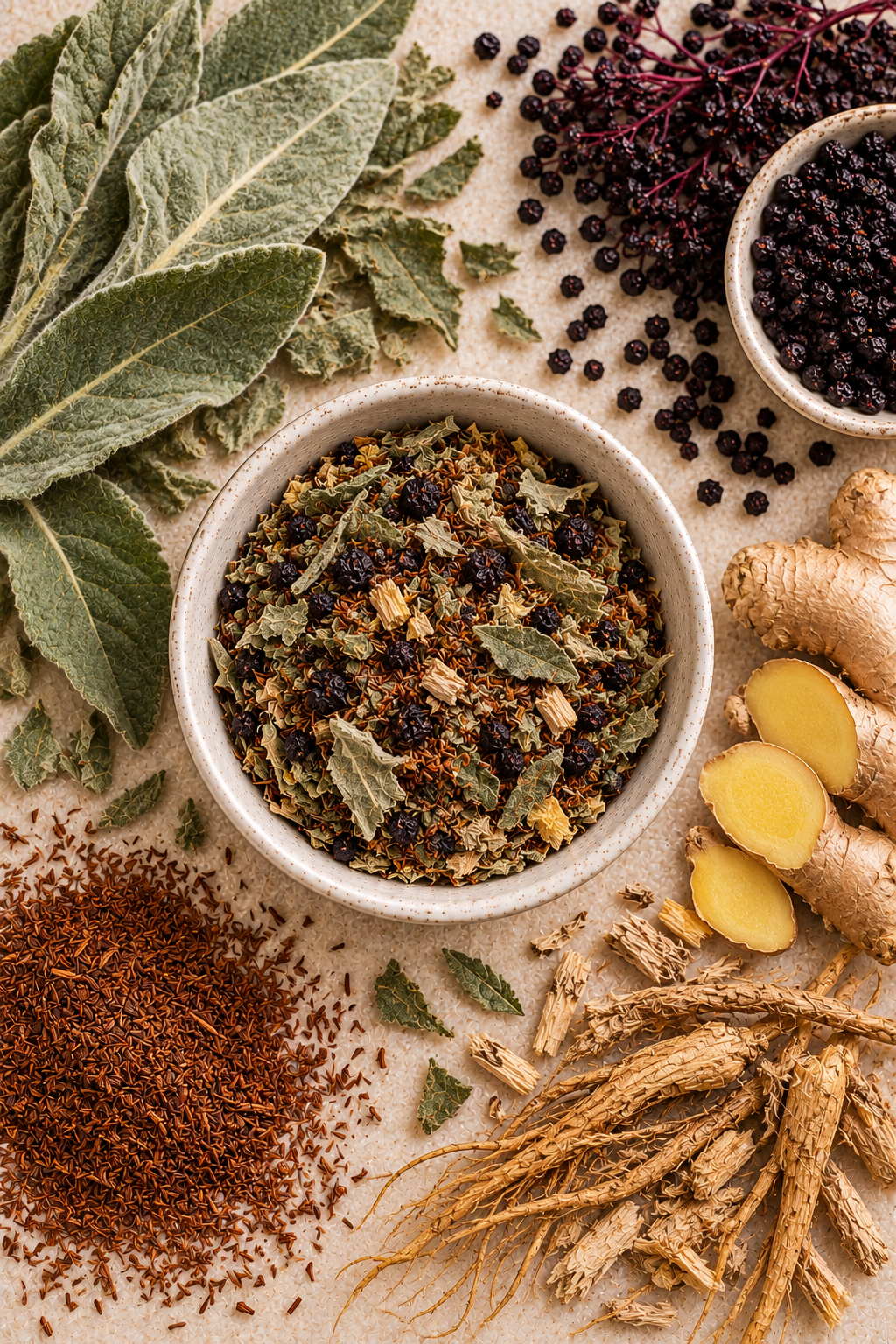 Lung Detox loose leaf tea surrounded by mullein, elderberries, rooibos, ginger and Siberian ginseng botanicals