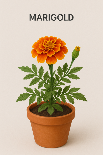 Potted marigold plant with an orange flower on a beige background