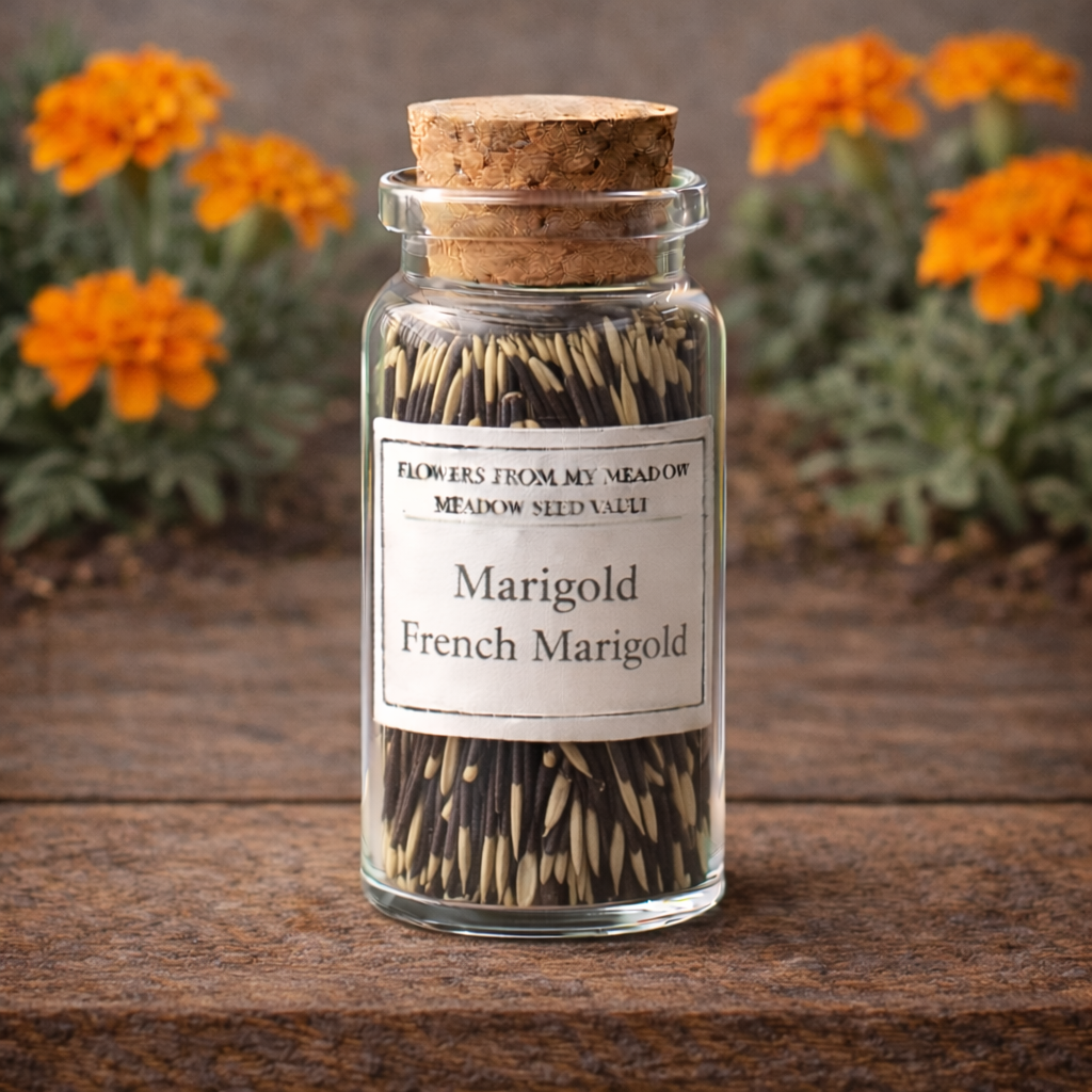 Glass jar with cork lid containing marigold seeds on a wooden surface with marigold flowers in the background.