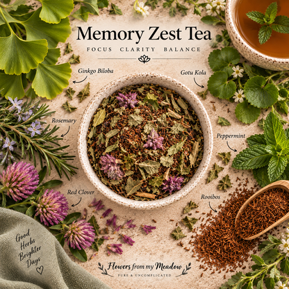 Memory Zest Tea botanical blend with ginkgo biloba, gotu kola, rosemary, peppermint, red clover and rooibos