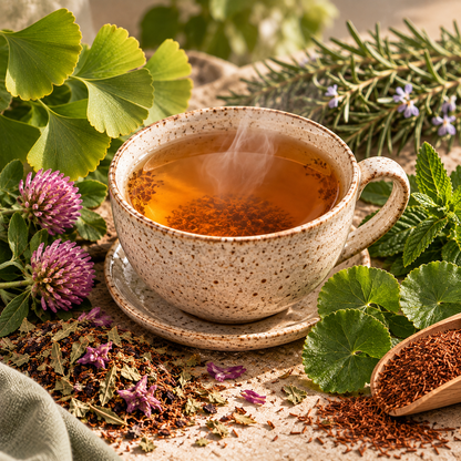Filtered Memory Zest Herbal Tea with ginkgo biloba, gotu kola, rosemary, peppermint, red clover and rooibos botanicals