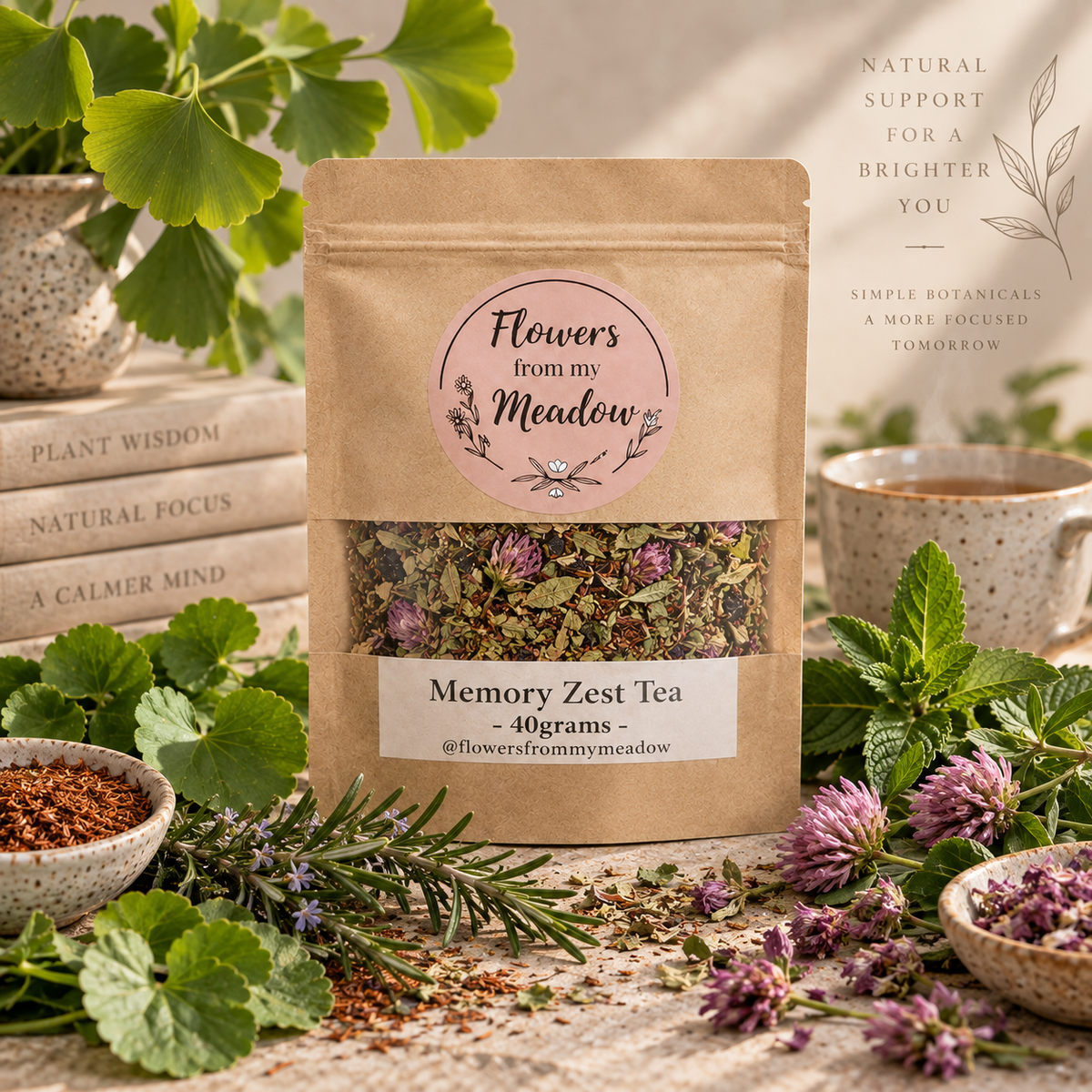 Memory Zest Herbal Tea 40 g pouch surrounded by ginkgo biloba, gotu kola, rosemary, peppermint, red clover and rooibos
