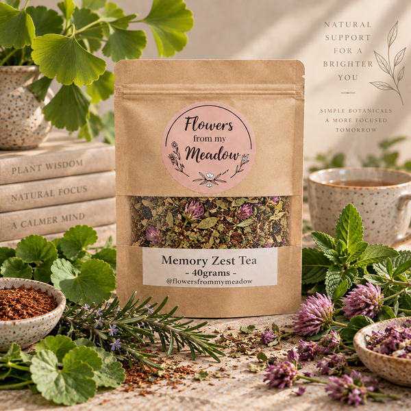 Memory Zest Herbal Tea 40 g pouch surrounded by ginkgo biloba, gotu kola, rosemary, peppermint, red clover and rooibos