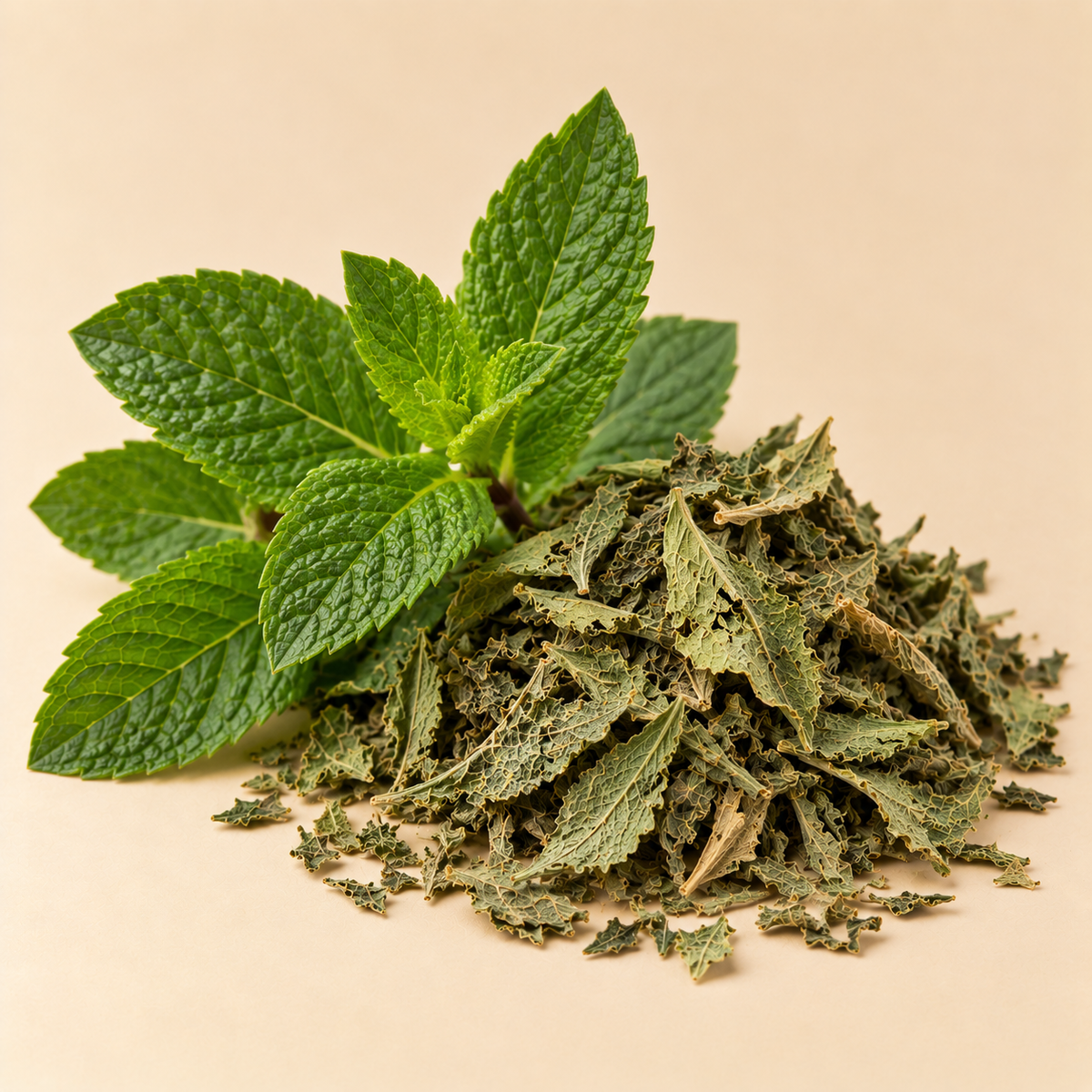 Fresh and dried Peppermint leaves used in Memory Zest Tea Blend
