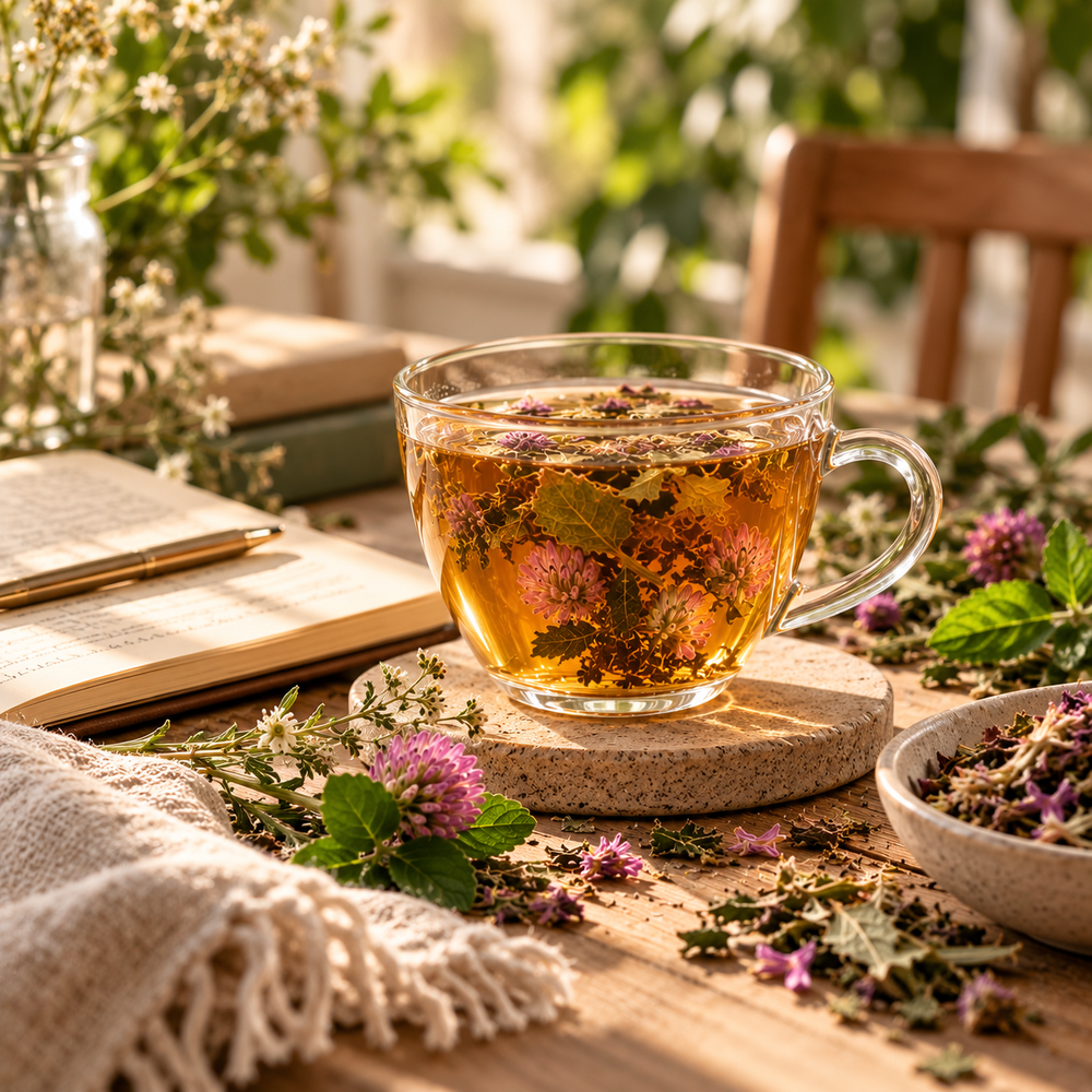 Memory Zest Tea beside an open journal for a peaceful afternoon tea ritual