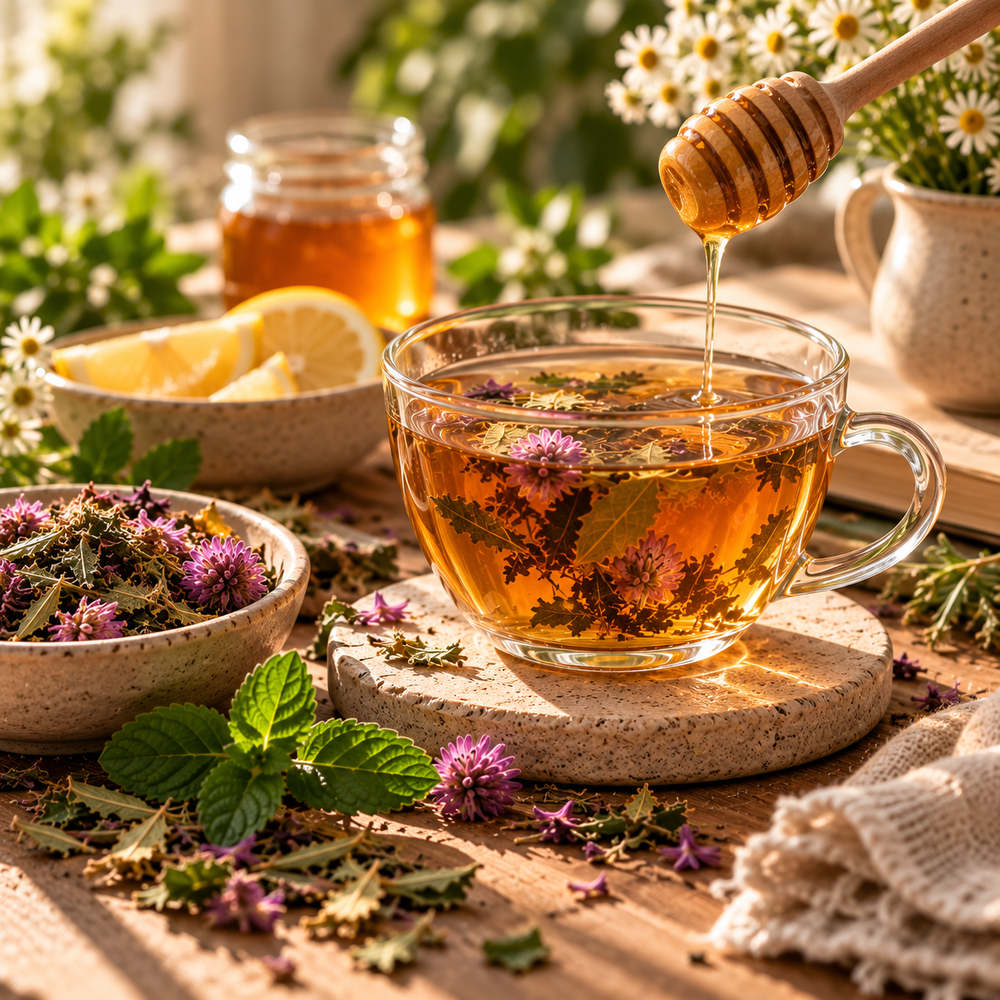 Memory Zest Tea served with honey and fresh lemon for a personalised botanical tea ritual