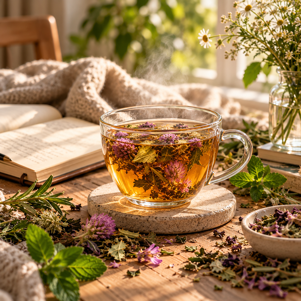 Warm cup of Memory Zest Tea enjoyed as part of a peaceful morning tea ritual