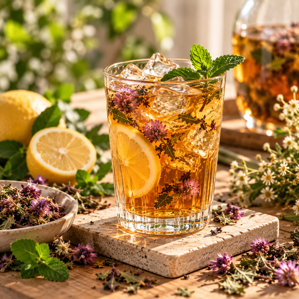 Memory Zest Tea served over ice with lemon and fresh mint for a refreshing botanical tea ritual