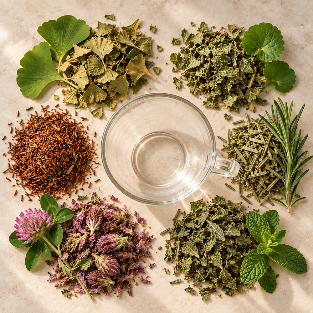 Memory Zest Tea dry botanical blend arranged around an empty glass cup ready for brewing
