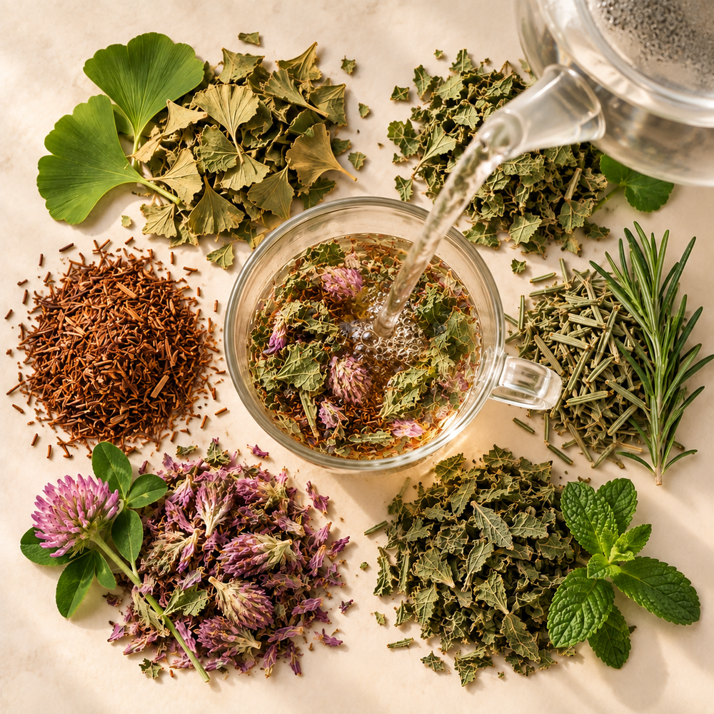 Freshly boiled water poured over Memory Zest Tea botanicals in a clear glass cup