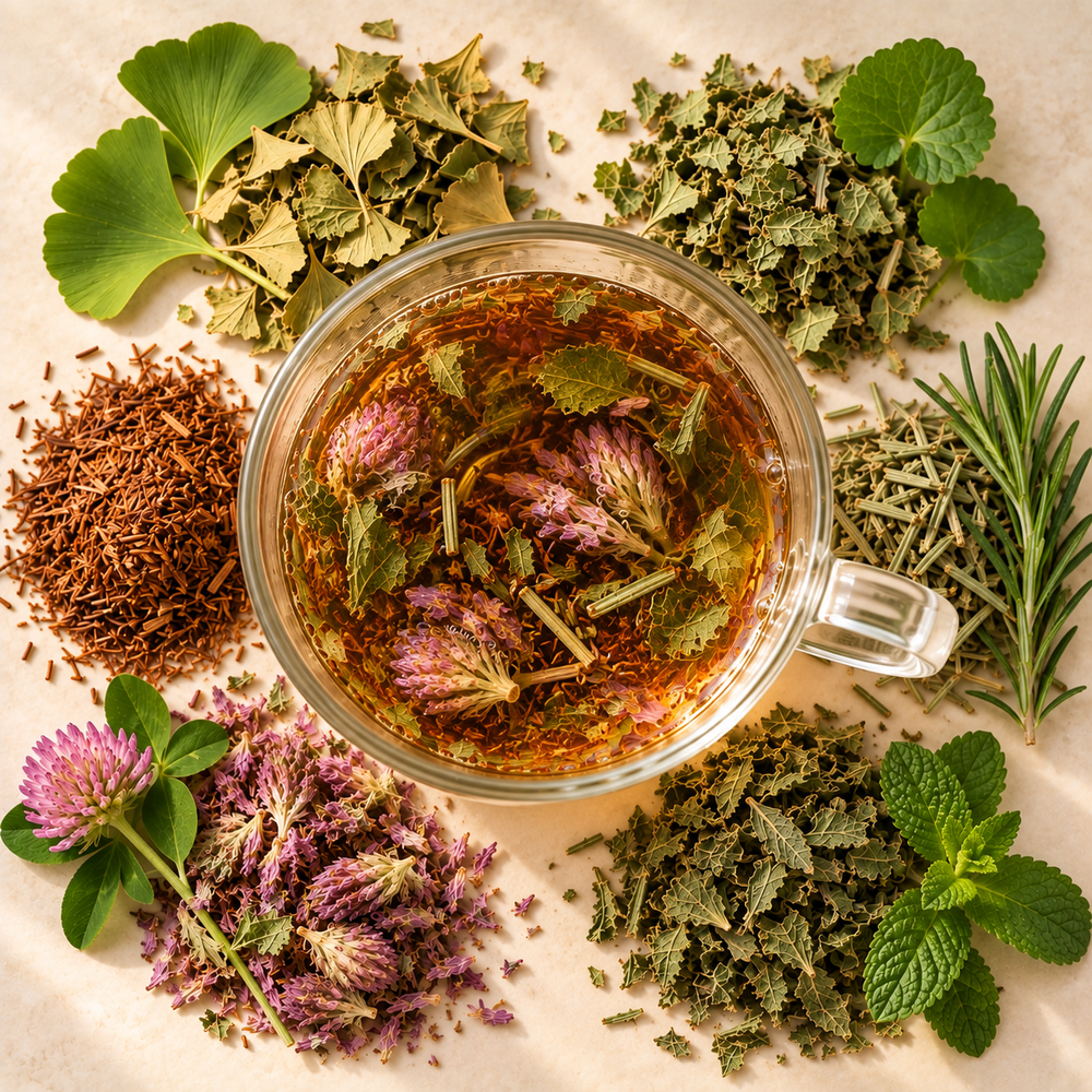 Memory Zest Tea botanicals infusing in a clear glass cup