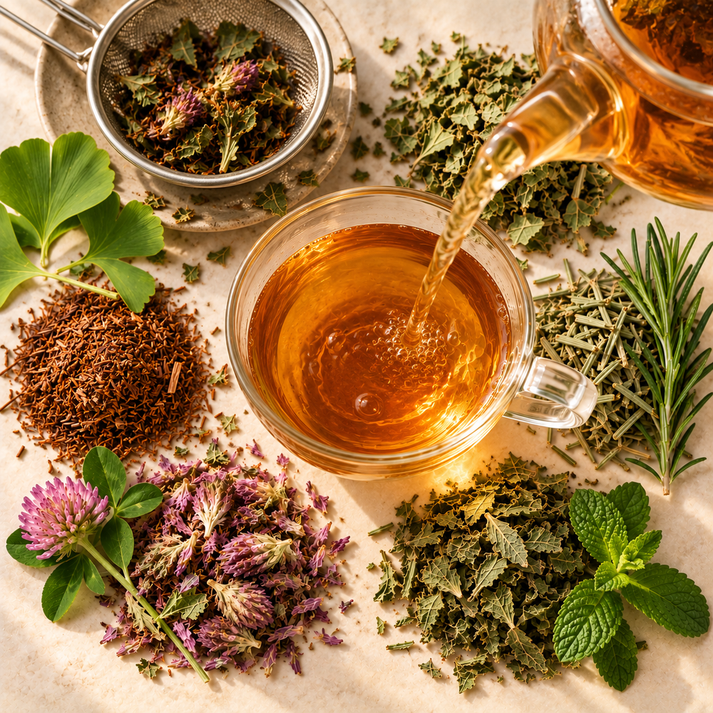 Strained Memory Zest Tea poured into a clear glass cup ready to enjoy