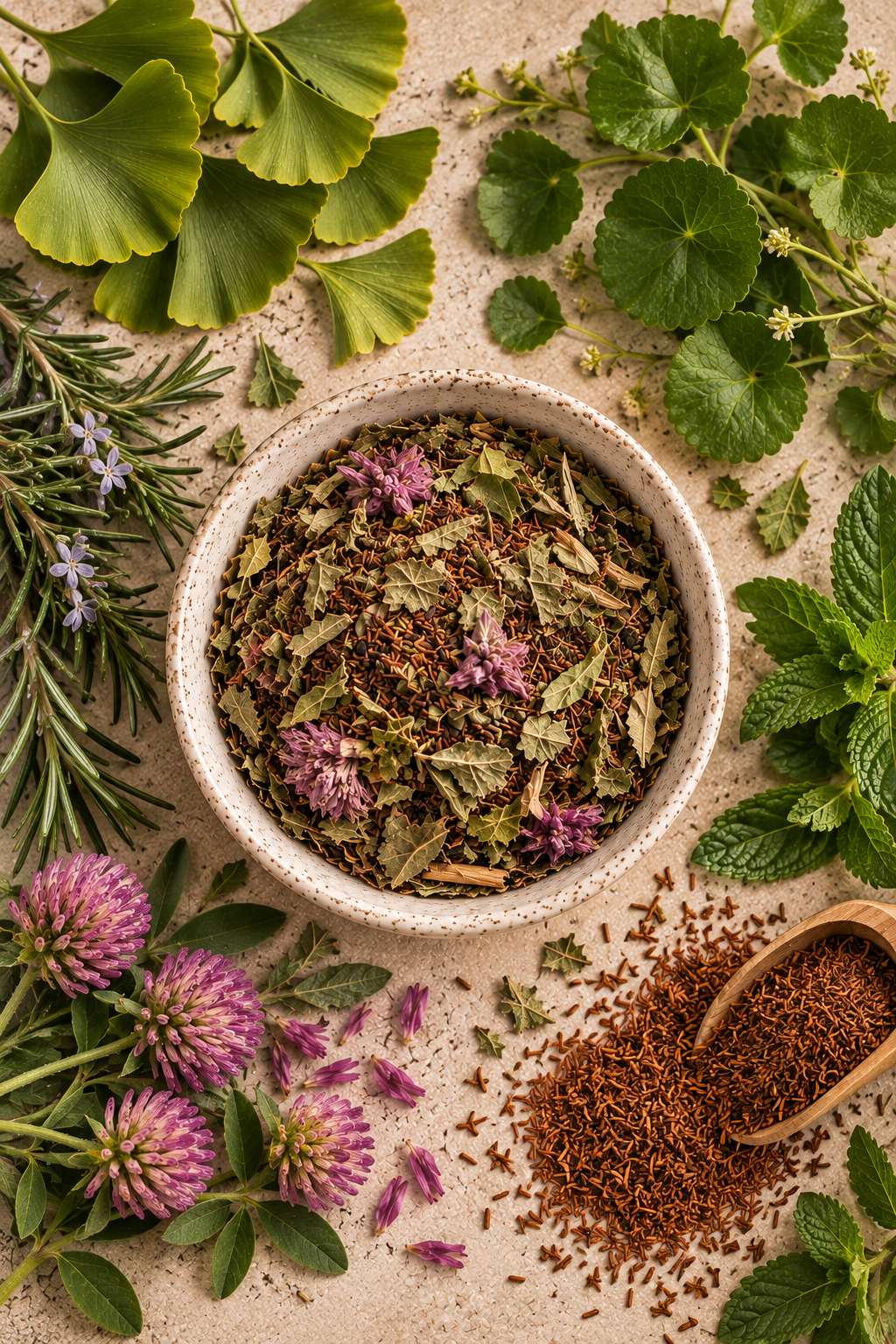Memory Zest loose leaf tea surrounded by ginkgo biloba, gotu kola, rosemary, peppermint, red clover and rooibos botanicals