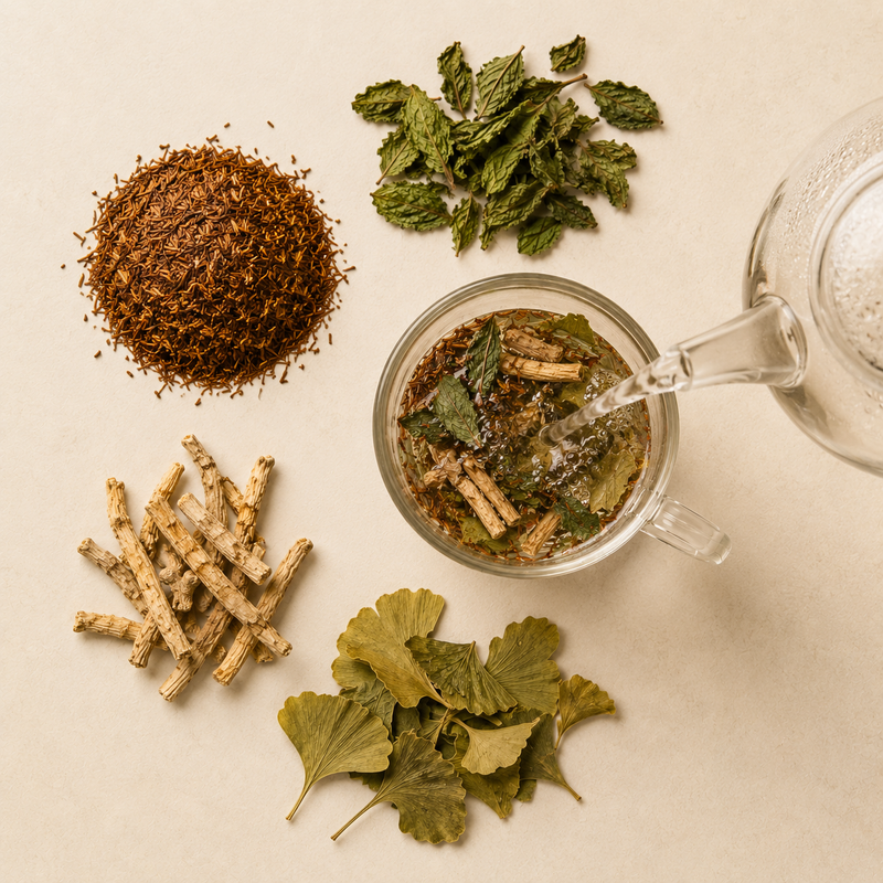 Freshly boiled water poured over Rooibos, Peppermint, Siberian Ginseng and Ginkgo Biloba to brew Men's Health Herbal Tea
