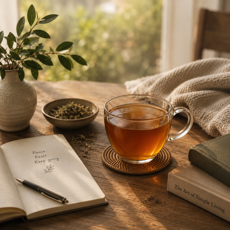 Cup of Men's Health Herbal Tea beside a journal and books during a quiet afternoon pause