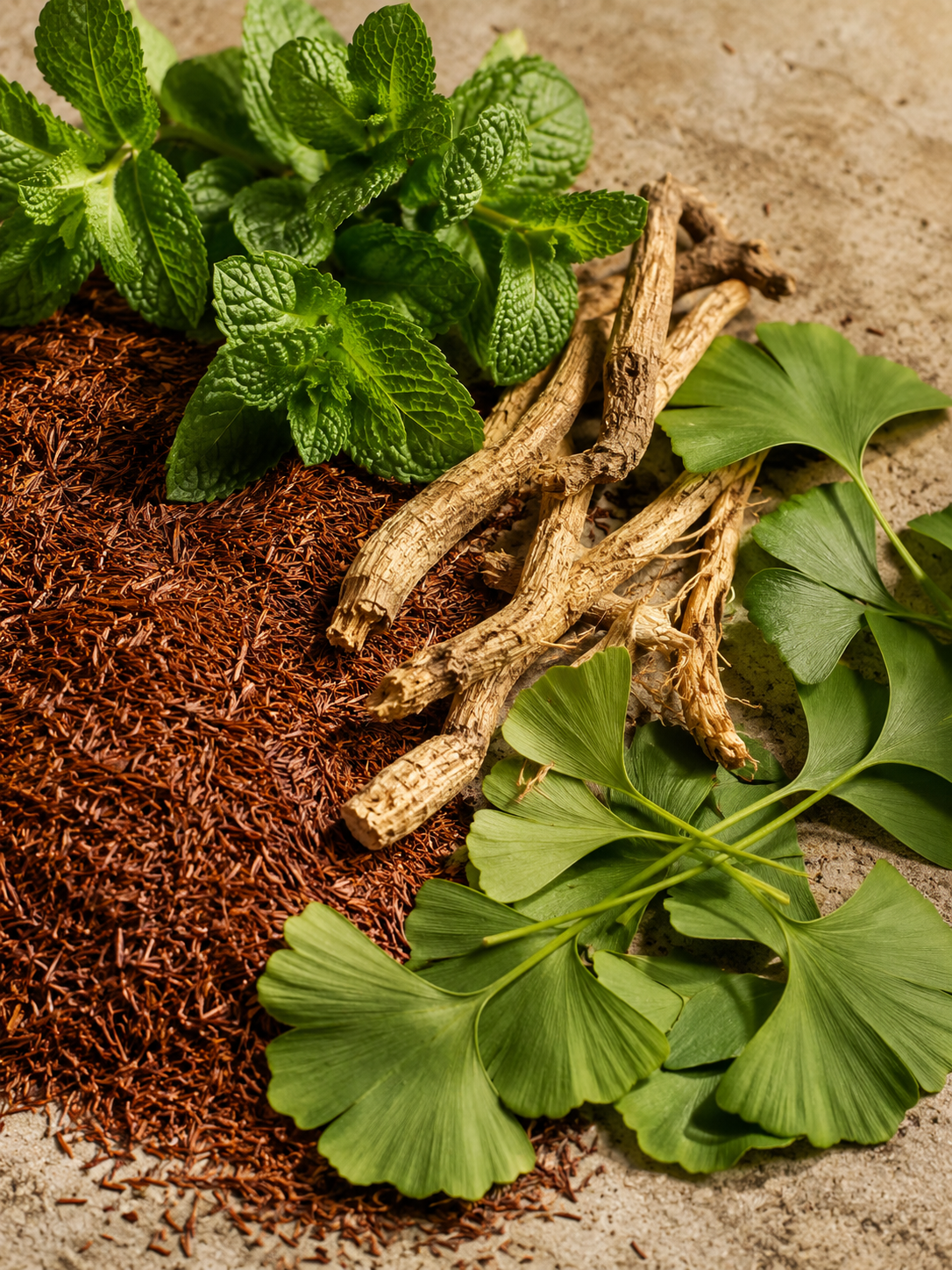 Rooibos, Peppermint, Siberian Ginseng and Ginkgo Biloba botanicals used in Men’s Health Herbal Tea