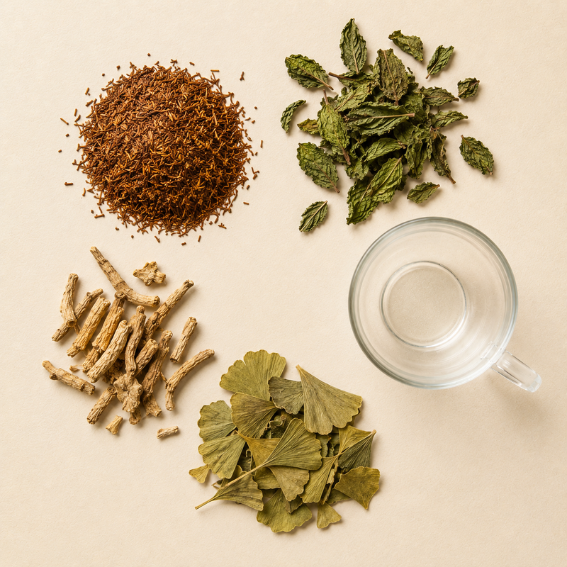 Dry blend of Rooibos, Peppermint, Siberian Ginseng and Ginkgo Biloba