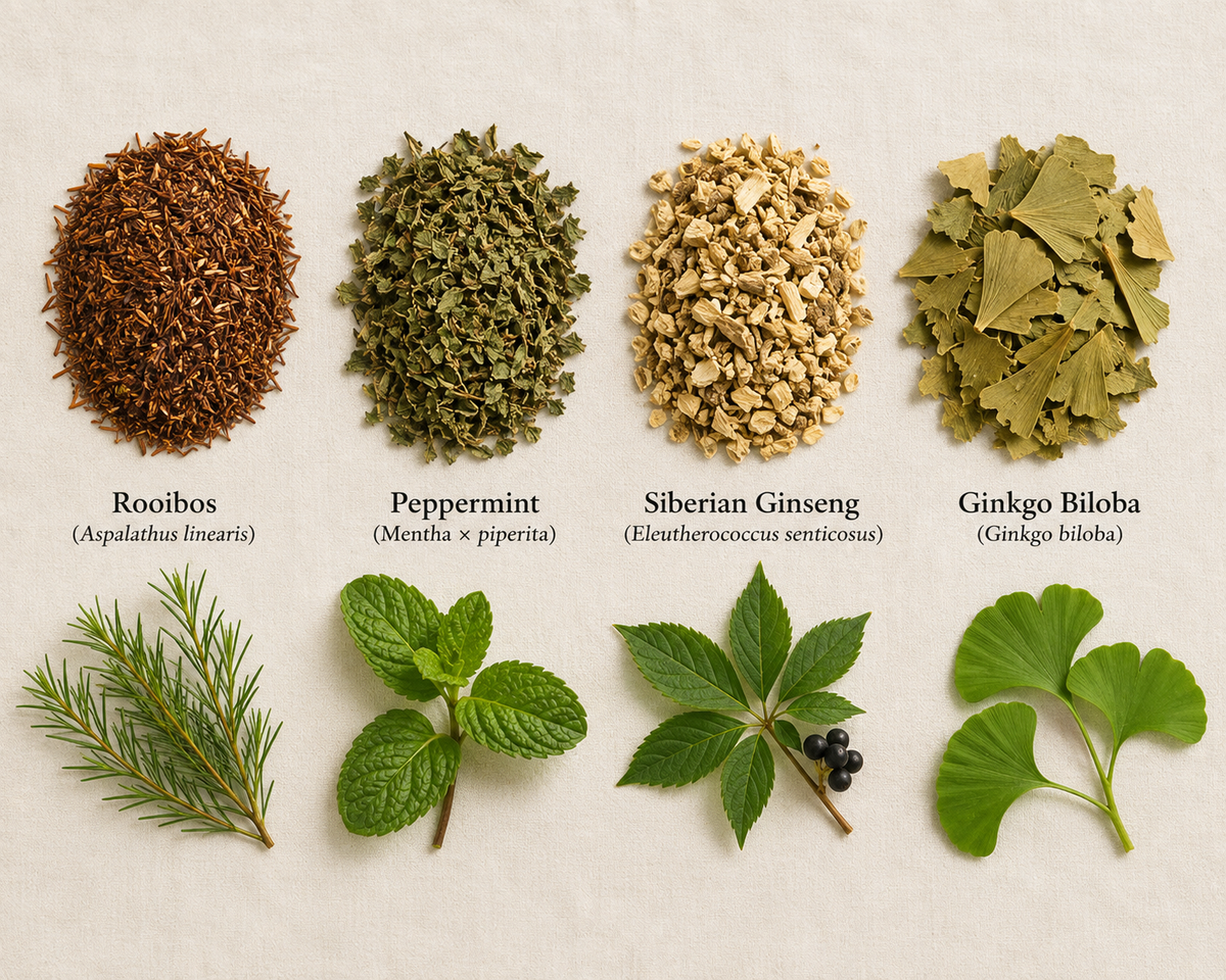 Key botanicals in Men’s Health Herbal Tea including Rooibos, Peppermint, Siberian Ginseng and Ginkgo Biloba