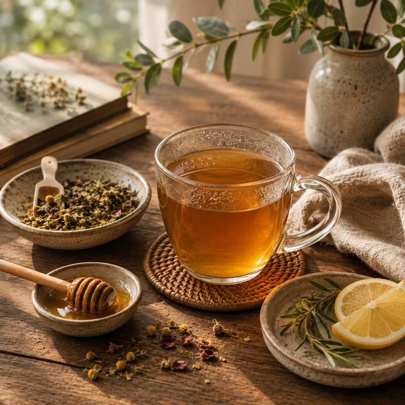 Men's Health Herbal Tea served with honey, lemon and botanical accompaniments for a personalised tea ritual
