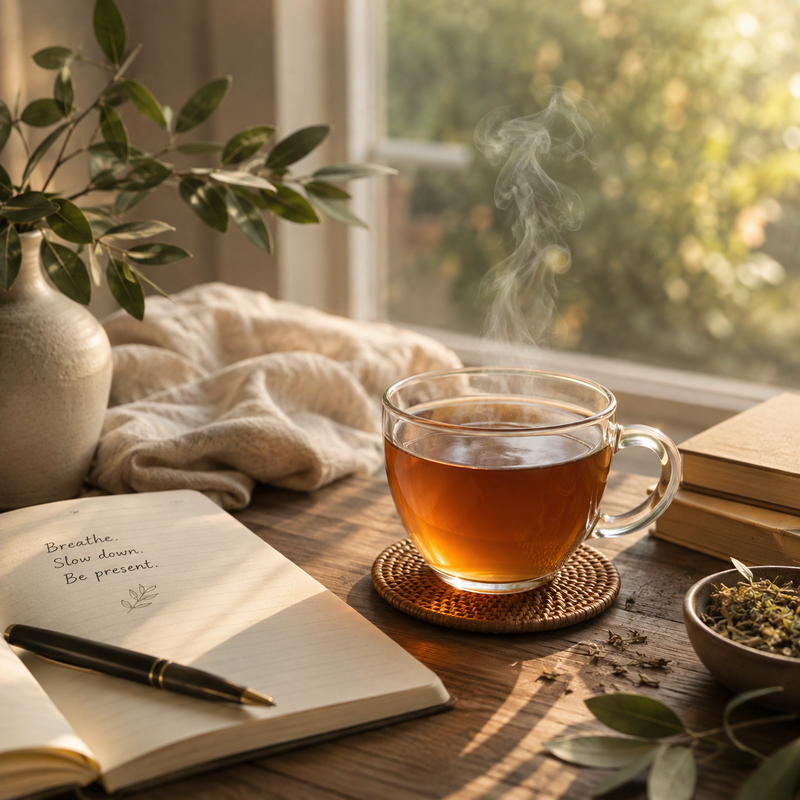 Warm cup of Men's Health Herbal Tea beside an open journal in soft morning light