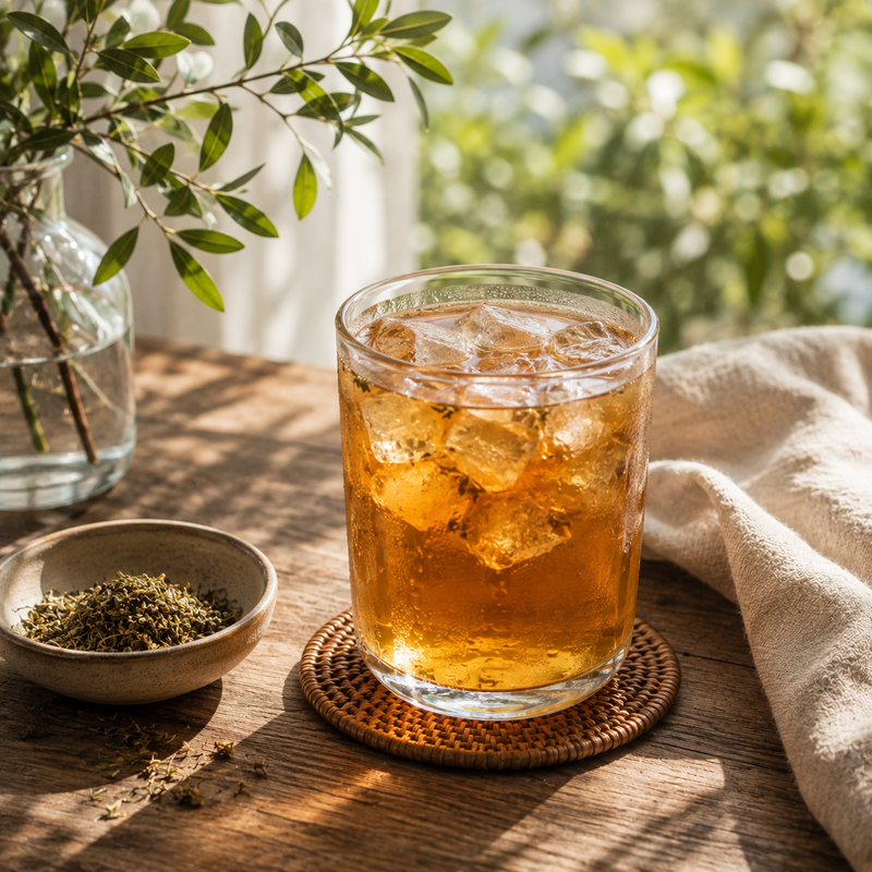 Chilled Men's Health Herbal Tea served over ice in a clear glass on a sunlit table