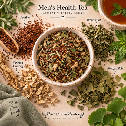 Men’s Health Tea botanical blend showing Rooibos, Peppermint, Siberian Ginseng and Ginkgo Biloba