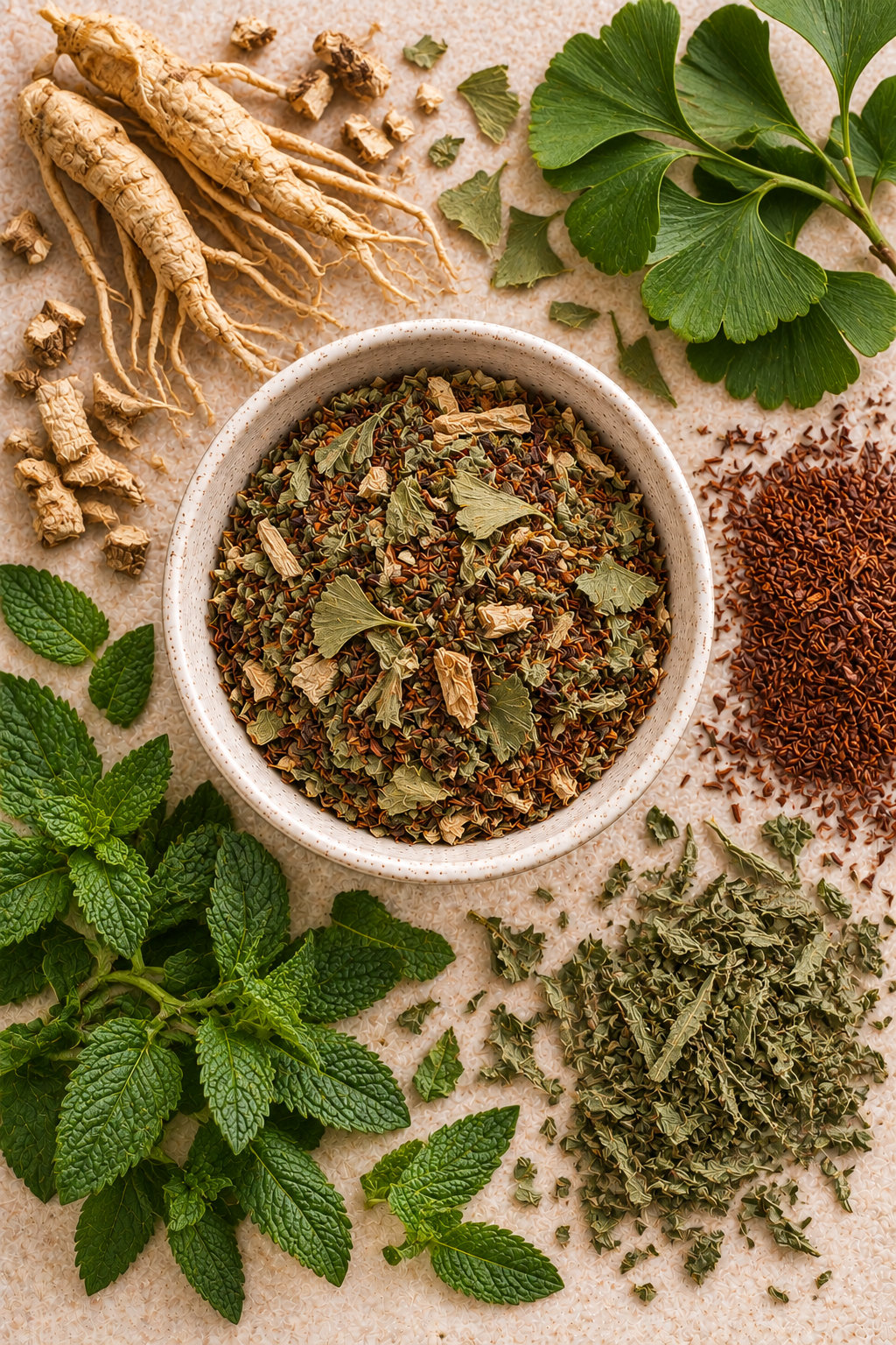 Men’s Health loose leaf tea surrounded by Siberian ginseng, ginkgo biloba, peppermint and rooibos botanicals