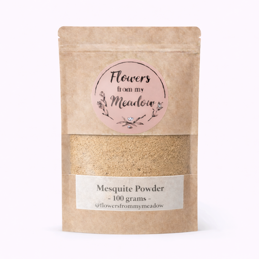 Kraft paper packaging of mesquite powder with a label on a white background