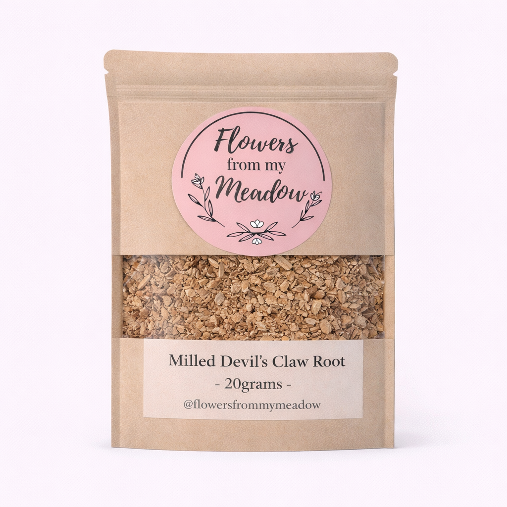 Package of milled devil's claw root with 'Flowers from my Meadow' label on a white background