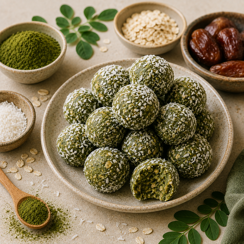 Moringa coconut and date energy bites made with oats and Moringa leaf powder