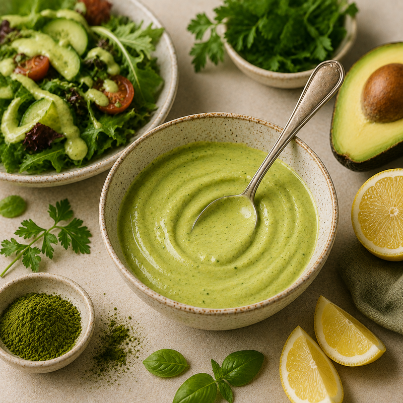 Moringa Green Goddess dressing with avocado, lemon and fresh herbs
