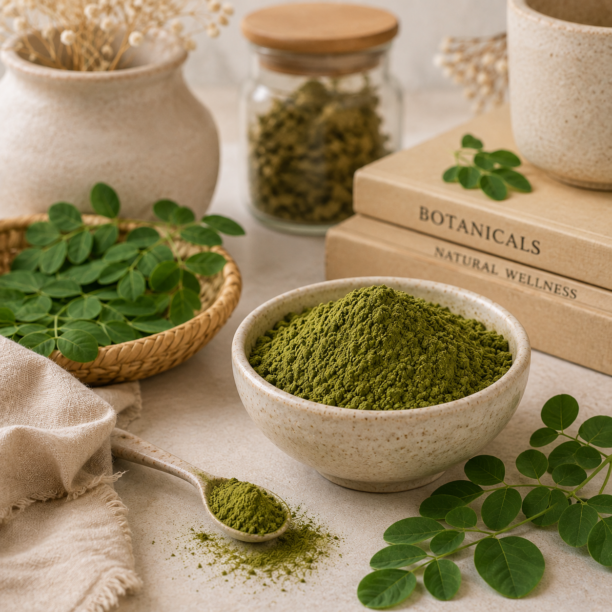 Moringa leaf powder with fresh Moringa leaves in a natural botanical apothecary setting