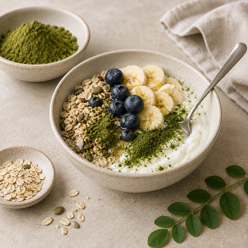 Moringa leaf powder stirred into a breakfast bowl with yoghurt, oats, banana and blueberries