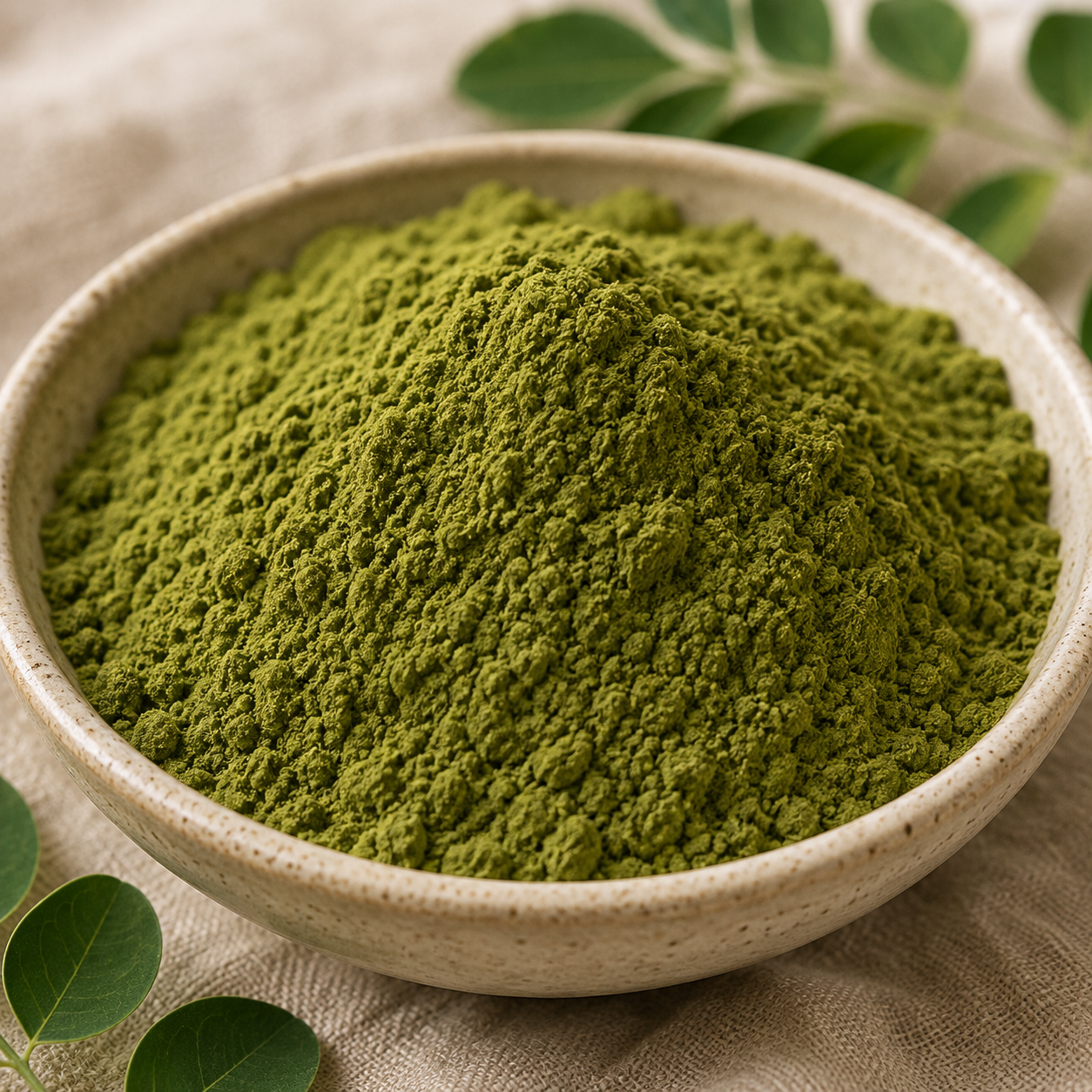 Fine green Moringa leaf powder in a ceramic bowl with fresh Moringa leaves