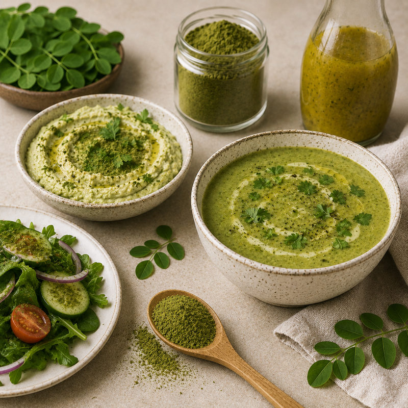 Moringa leaf powder used in savoury recipes including soup, dip, salad and dressing