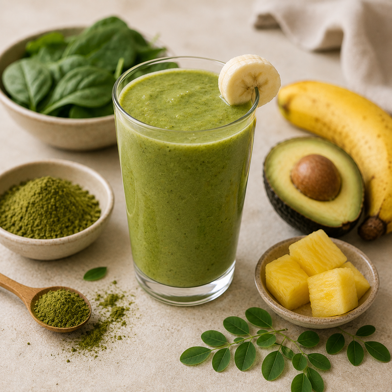 Moringa leaf powder blended into a green smoothie with banana, pineapple and fresh greens