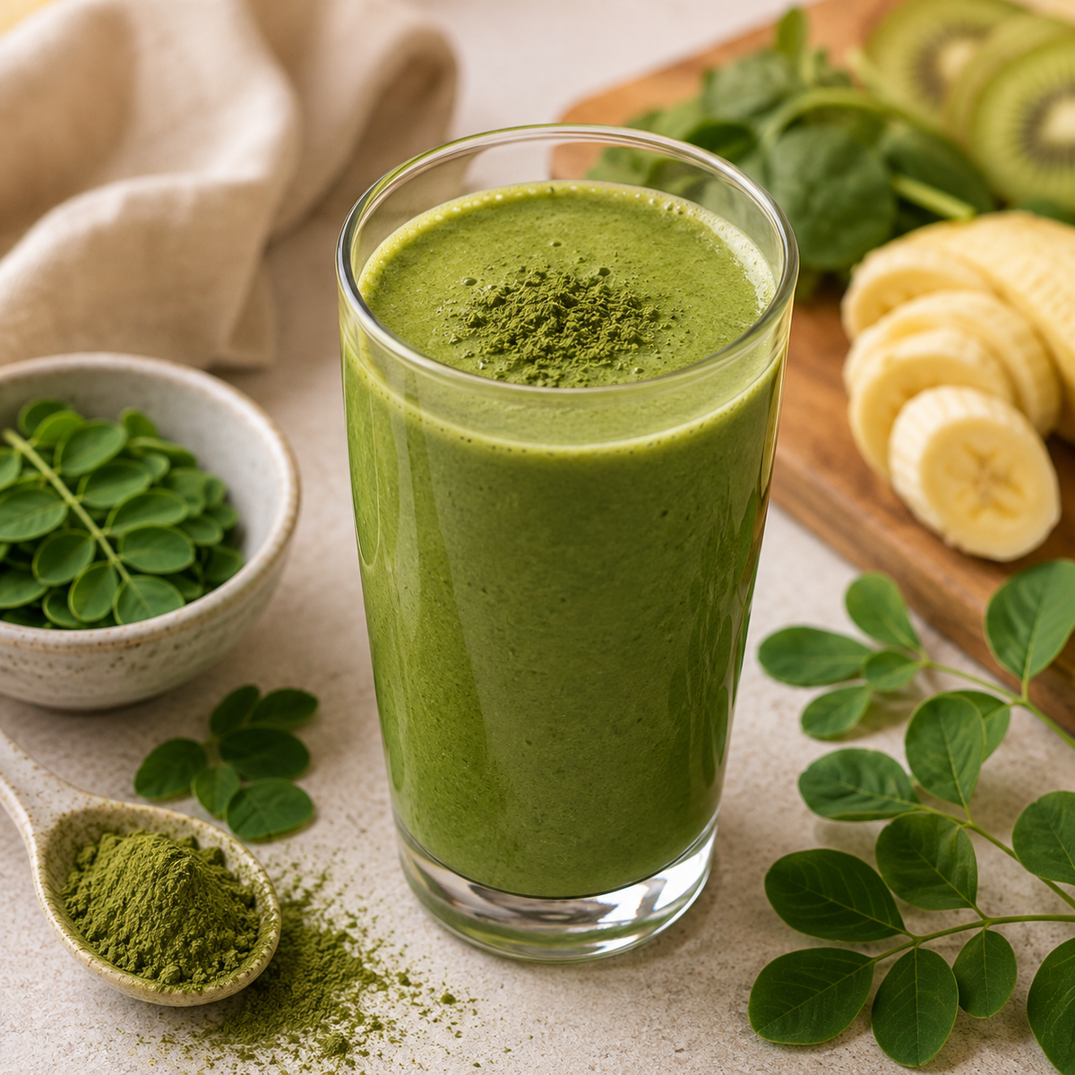 Green smoothie made with Moringa leaf powder, banana and fresh greens
