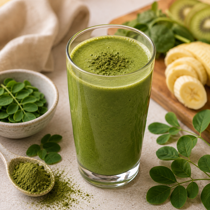 Green smoothie made with Moringa leaf powder, banana and fresh greens