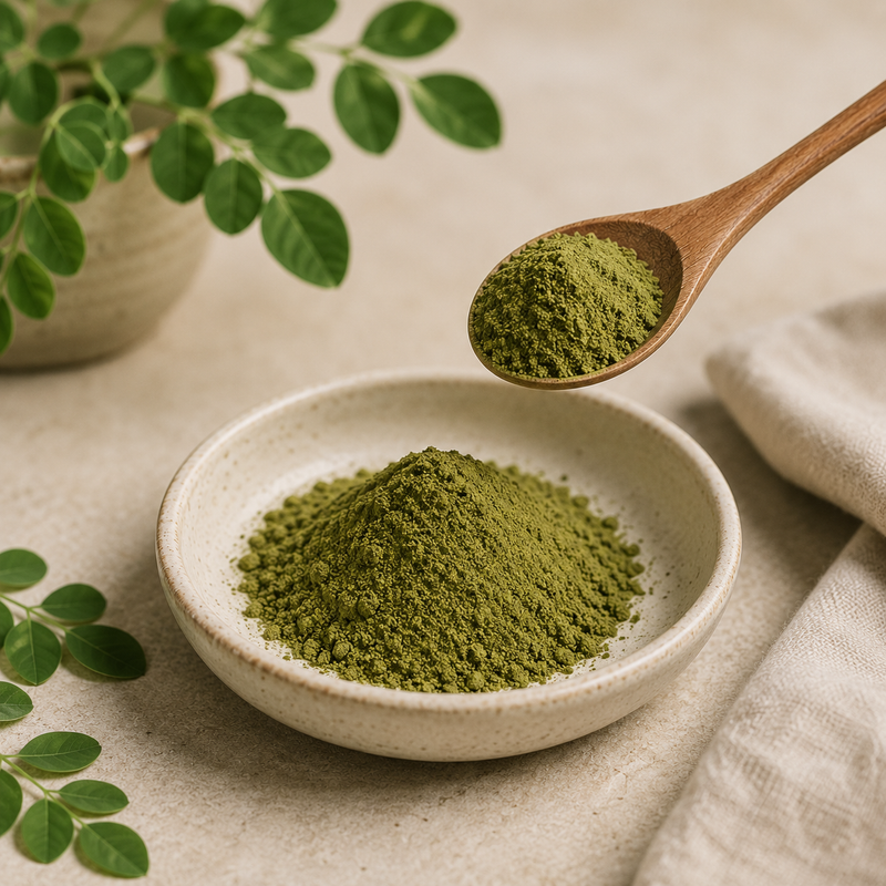 Moringa leaf powder measured with a wooden spoon for everyday use