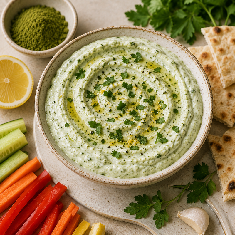 Moringa lemon and herb yoghurt dip served with fresh vegetables and flatbread