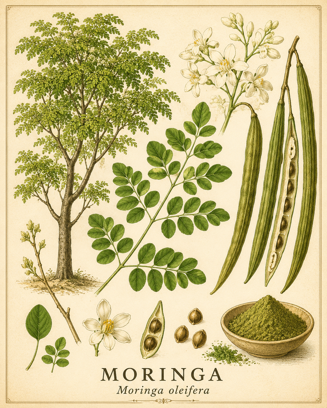 Botanical illustration of Moringa oleifera showing the tree, leaves, flowers, seed pods, seeds and leaf powder