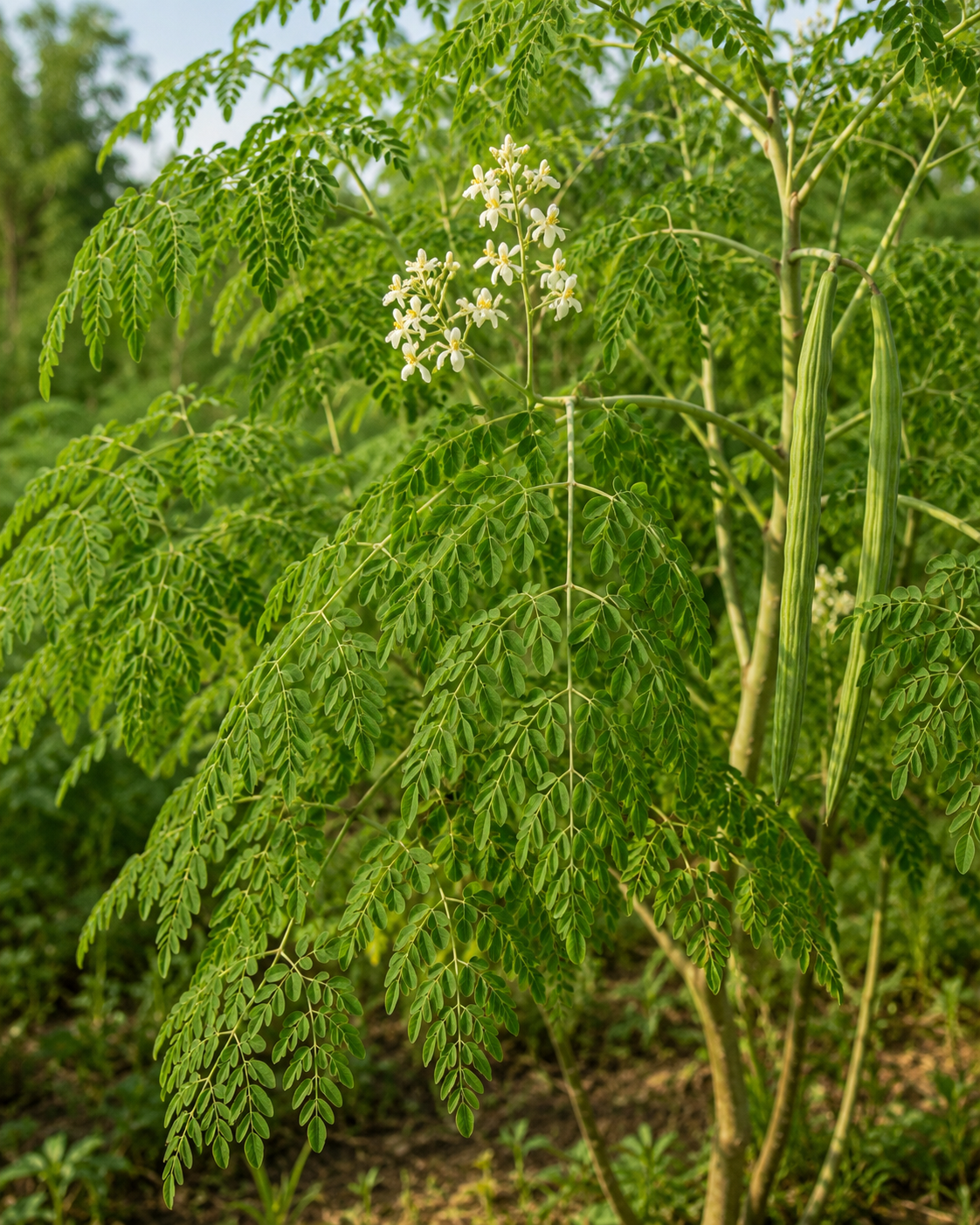 Moringa oleifera tree with green leaves, white flowers and long seed pods