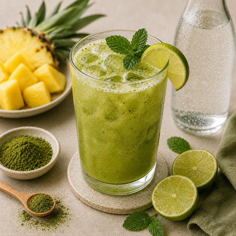 Iced Moringa pineapple and lime cooler with fresh mint and sparkling water