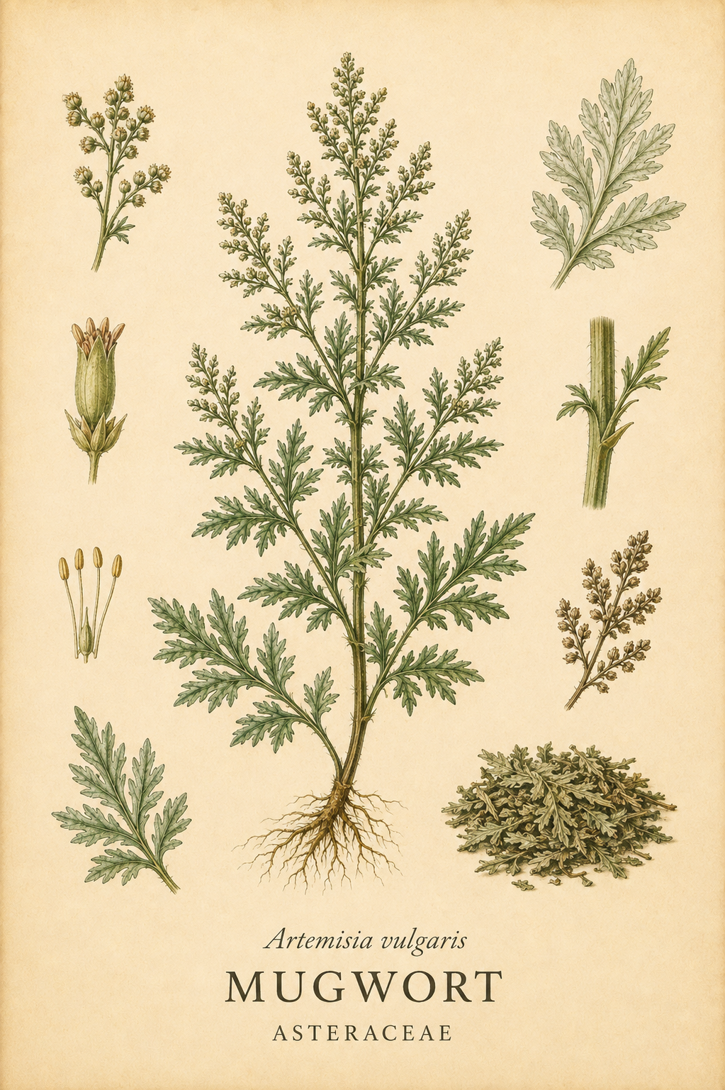 Botanical illustration of Mugwort (Artemisia vulgaris) showing the plant, leaves, flowers and dried herb