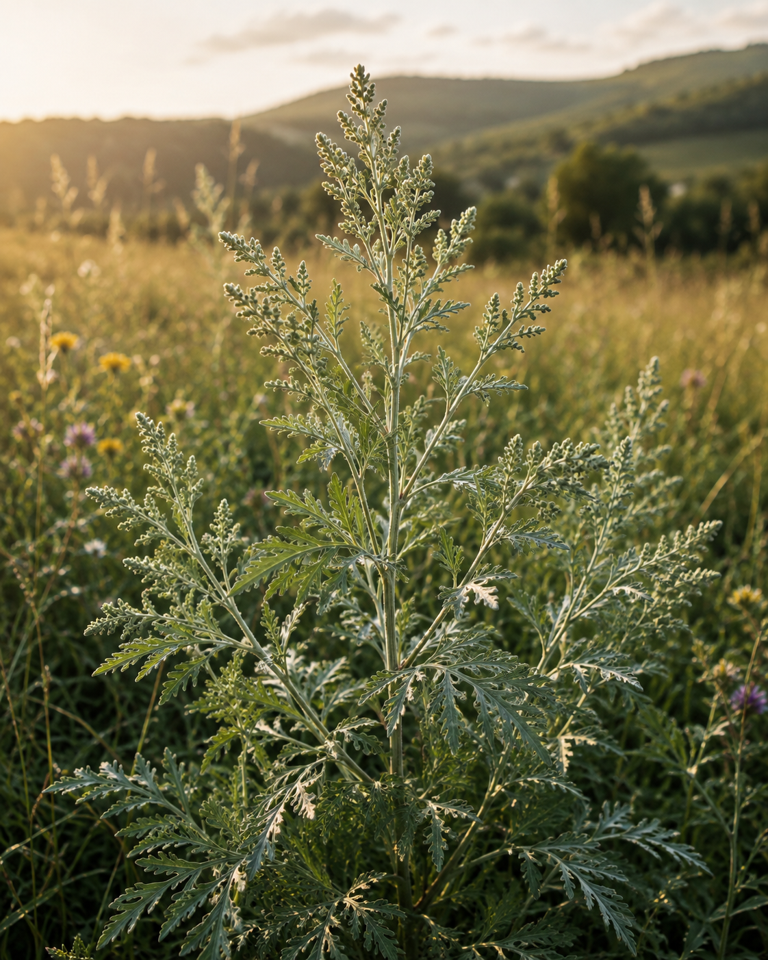 Mugwort (Artemisia vulgaris) growing wild in a sunlit meadow