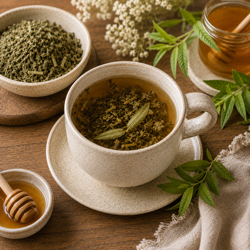 Mugwort and lemon verbena herbal tea served with honey